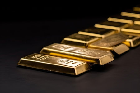 Stack of gold bars on black background, shallow depth of field.の素材