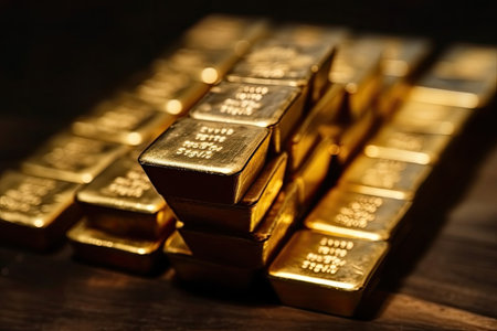 Stack of gold bars on wooden table, shallow depth of field.の素材