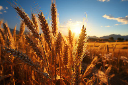 Wheat field at sunset. Ears of golden wheat close-up.の素材