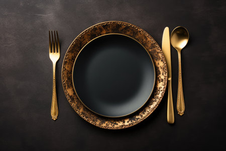 Empty black plate with golden cutlery on dark background, top viewの素材