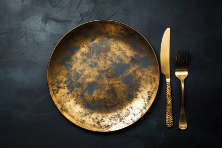 Empty plate with golden cutlery on dark background. Top viewの素材
