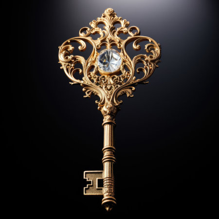 Golden key with precious stone on a black background. 3d renderingの素材