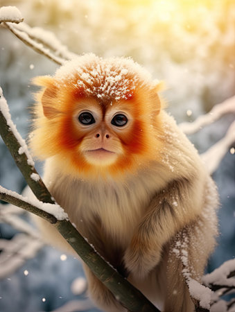 Monkey in the winter forest. Cute monkey in the snowの素材