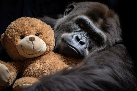 gorilla and teddy bear on black background, closeup of photoの素材