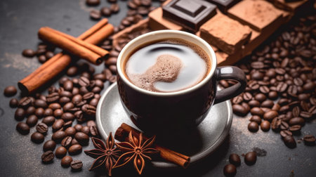 Coffee in a cup and saucer on a dark background.の素材