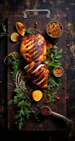 Grilled chicken breast with herbs and spices on a wooden board. Top viewの素材