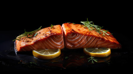 salmon fillet with rosemary and lemon on a black backgroundの素材