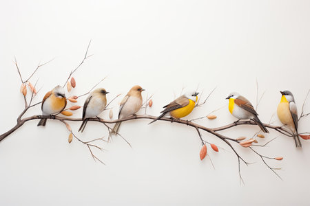 Birds sitting on a branch isolated on white background. Minimalistic style.の素材