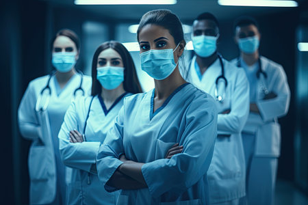 Portrait of a group of medical doctors in protective masks standing in the corridor.の素材