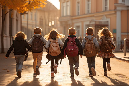 Back view of schoolchildren with backpacks running on the street.の素材