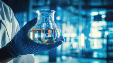 Laboratory glassware containing chemical liquid, science research and development conceptの素材