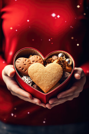 Christmas, holidays and people concept - close up of woman hands holding heart shaped cookies over red backgroundの素材