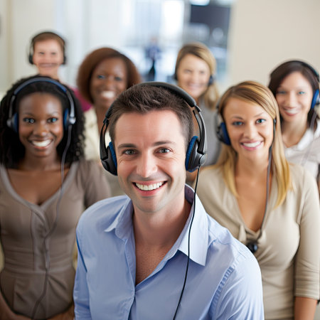 Portrait of smiling male customer service representative with headphones and colleagues in backgroundの素材