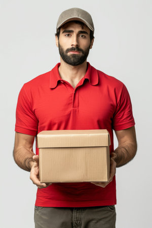 delivery man in red t-shirt and cap holding cardboard boxの素材