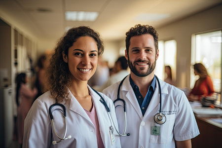 Portrait of smiling doctor and nurse standing in corridor of hospital.の素材