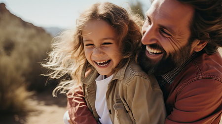 smiling father and daughter hugging and looking at each otherの素材
