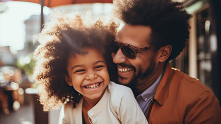 smiling african american father and daughter in sunglasses looking at cameraの素材