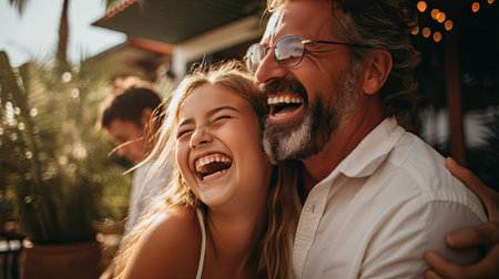 smiling father and daughter hugging in cafeの素材