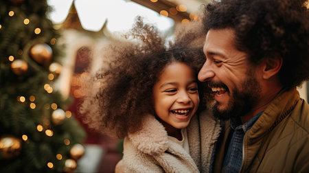 Happy family. Cheerful young African-American man and his daughter looking at each other and smiling while spending time togetherの素材