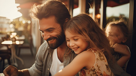 Cute little girl and her handsome father are sitting in a cafe and smiling.の素材