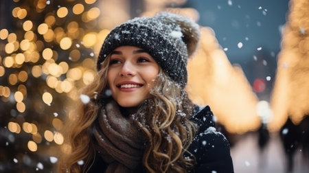 Winter, Christmas, happiness and people concept - smiling young woman in warm clothes over snowy streetの素材