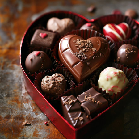 Heart shaped box of chocolates on rustic background, closeupの素材