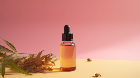 Cannabis essential oil in a glass bottle on a pink background with marijuana leaves.の素材