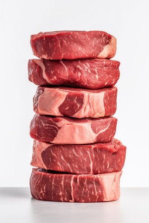 Pile of raw beef meat isolated on white background, top viewの素材