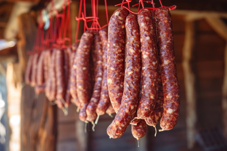 smoked sausages hanging on a rope in the open airの素材