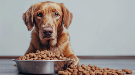 Cute dog with bowl of dry pet food on floor at homeの素材