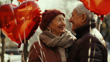 Happy senior couple with heart shaped balloons on Valentine's Day, outdoorsの素材