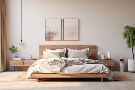 Interior of modern bedroom with beige walls, wooden floor, comfortable master bed and two mock up posters. 3d renderingの素材