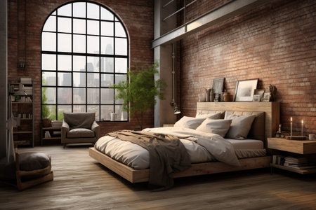 3d rendering of bedroom in loft style with brick wall and wooden floorの素材