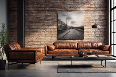 Interior of modern living room with brick wall and brown leather sofa 3D renderingの素材