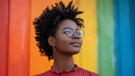 African american woman with afro hairstyle and glasses on rainbow backgroundの素材