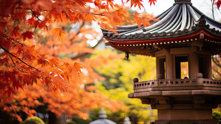Japanese temple with red maple leaves in autumn seasonの素材