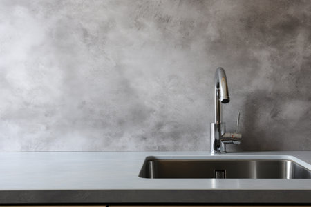 Modern kitchen sink and faucet in front of concrete wall.の素材