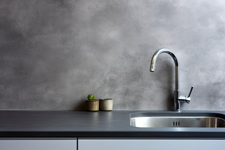 Interior of modern kitchen with gray concrete wall and black countertopの素材