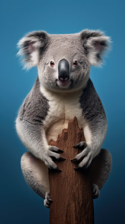 Koala bear sitting on a log, isolated on blue background.の素材