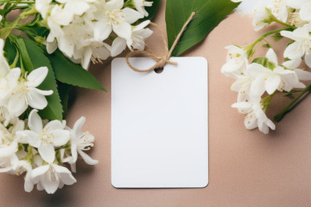 White jasmine flowers and blank paper tag on beige background. Flat lay, top view.の素材