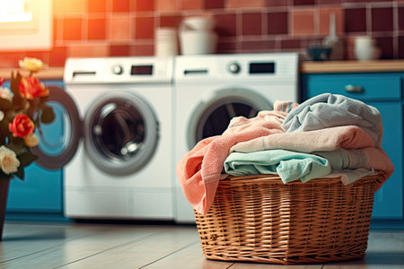 Laundry basket with washed clothes and washing machine in the kitchenの素材