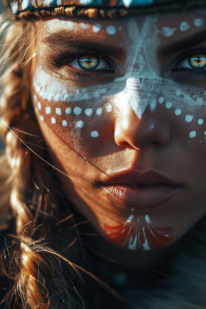 Close-up portrait of a beautiful young viking warrior woman with tribal face paintの素材