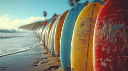 Colorful surfboards on the beach at sunset,の素材