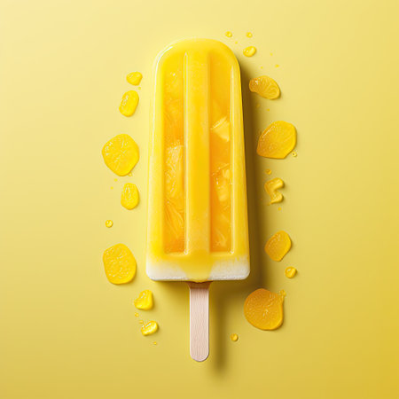 Fruit ice cream on yellow background, top view, copy spaceの素材