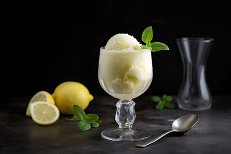 Lemon ice cream with mint in a glass on a dark backgroundの素材