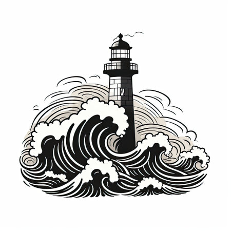 Lighthouse on the waves. Hand drawn vector illustration isolated on white background.の素材