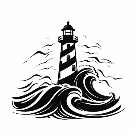 Lighthouse on the sea waves. Black and white vector illustration.の素材
