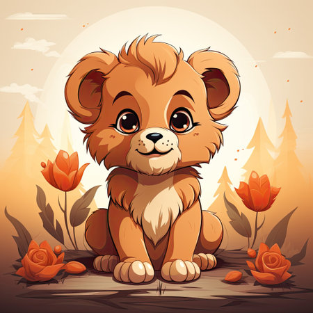 Cute little lion sitting on the ground in the forest. Vector illustration.の素材