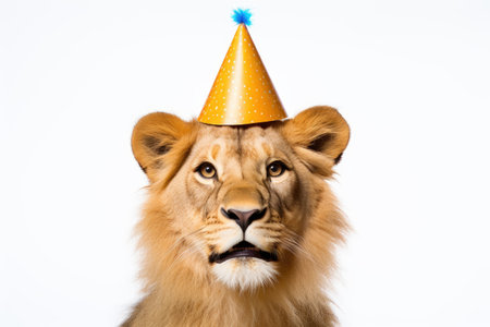 Portrait of a lion in a party hat on a white backgroundの素材