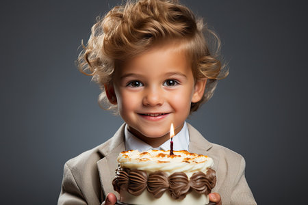 Portrait of a happy little boy with birthday cake over gray background.の素材